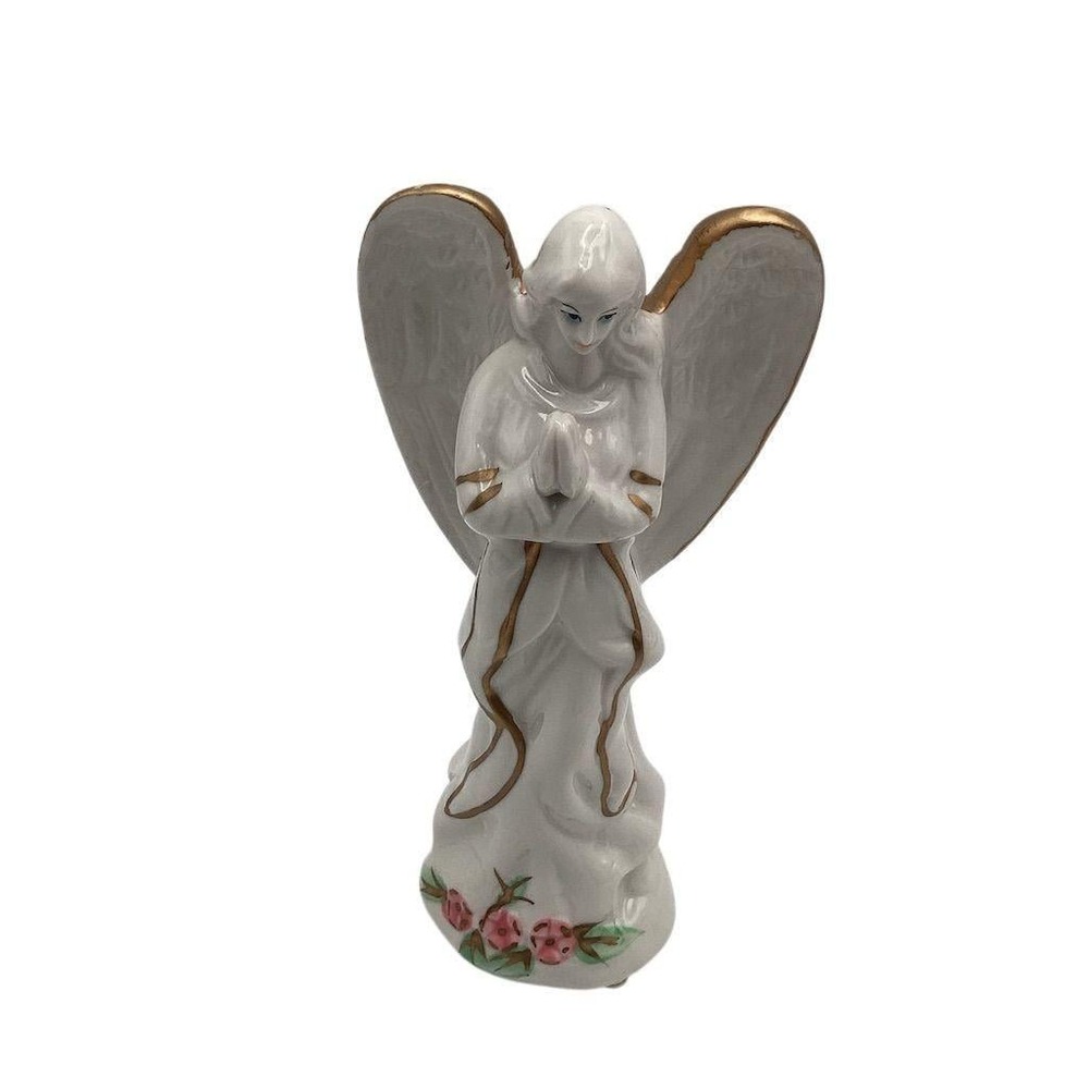 Vintage Porcelain Angel Figurine with Gold Trim & Pink Roses